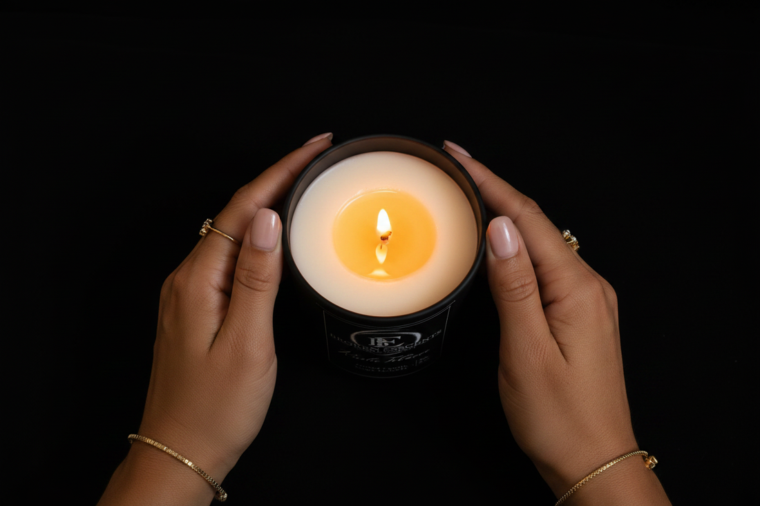 Broken Esscents Candle Company - Patchouli Black candle with a full wax pool, moody dark background