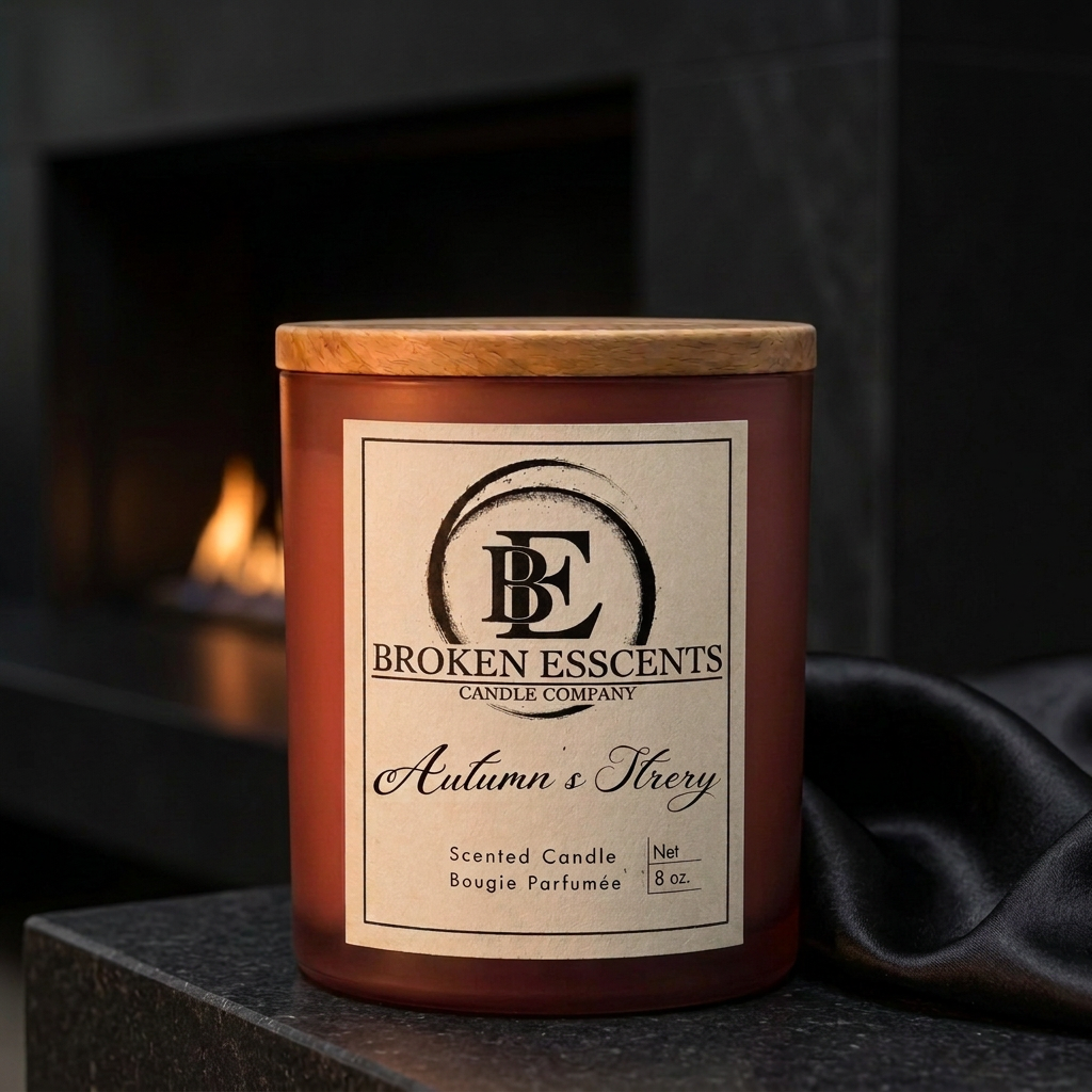 Autumn’s Story candle with a black satin accent and brighter label in a moody fireplace setting