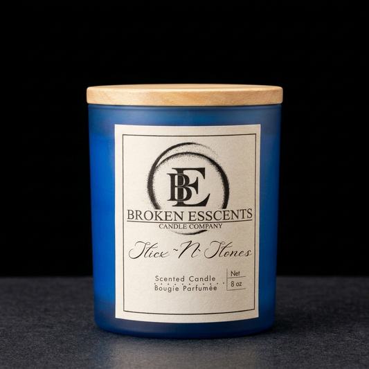 Winter Noir candle relabeled Sticx~N~Stones using the authentic label design
